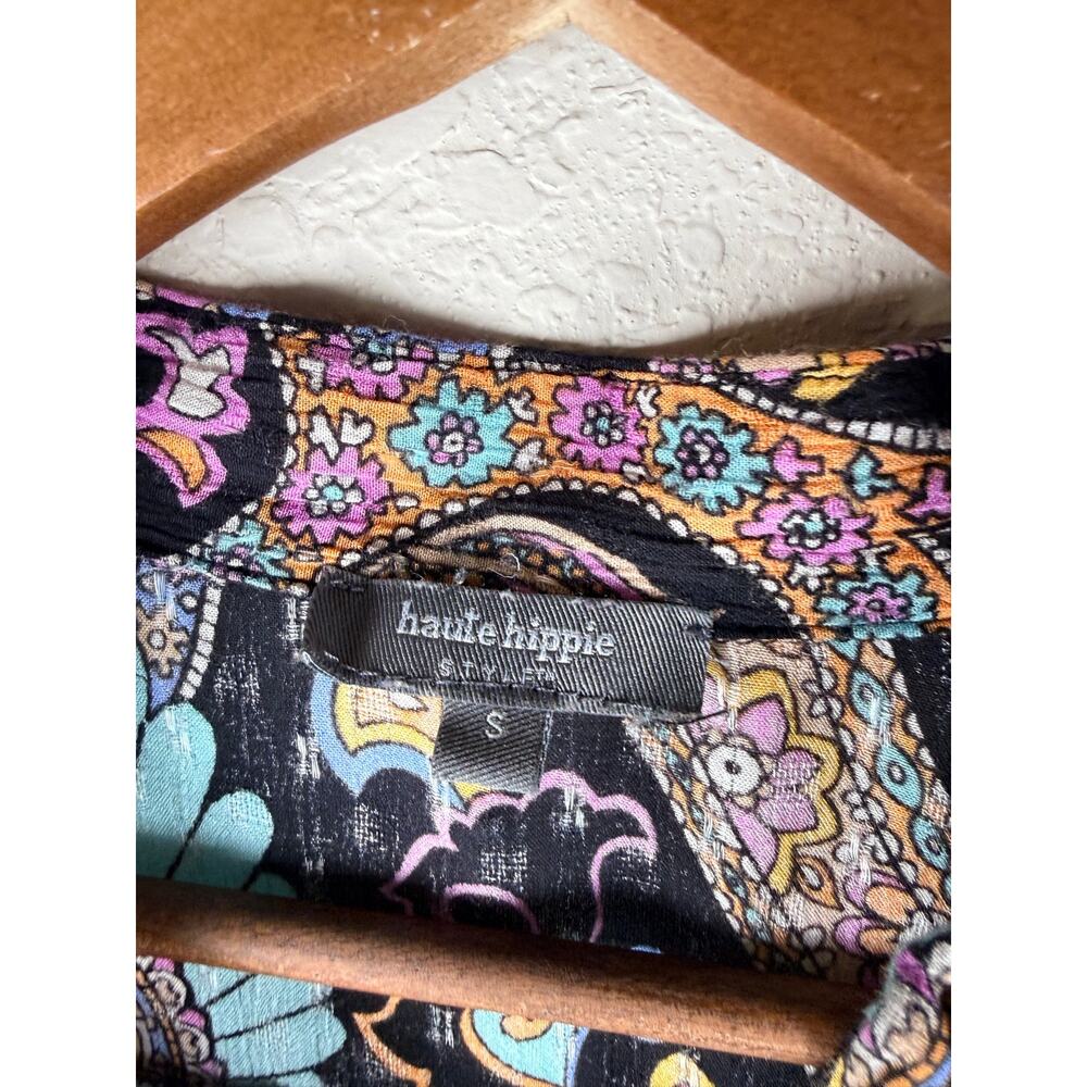 Haute Hippie S Boho Paisley Floral Tie Front Crop Blouse Long Sleeve Black View 3